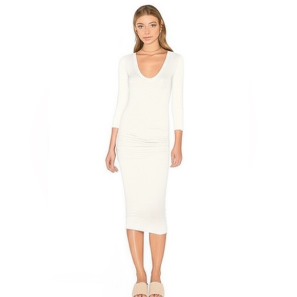 James Perse Standard Cream Rushed Bodycon Midi Dress V-Neck 3/4 Sleeve size 0 - Picture 11 of 11